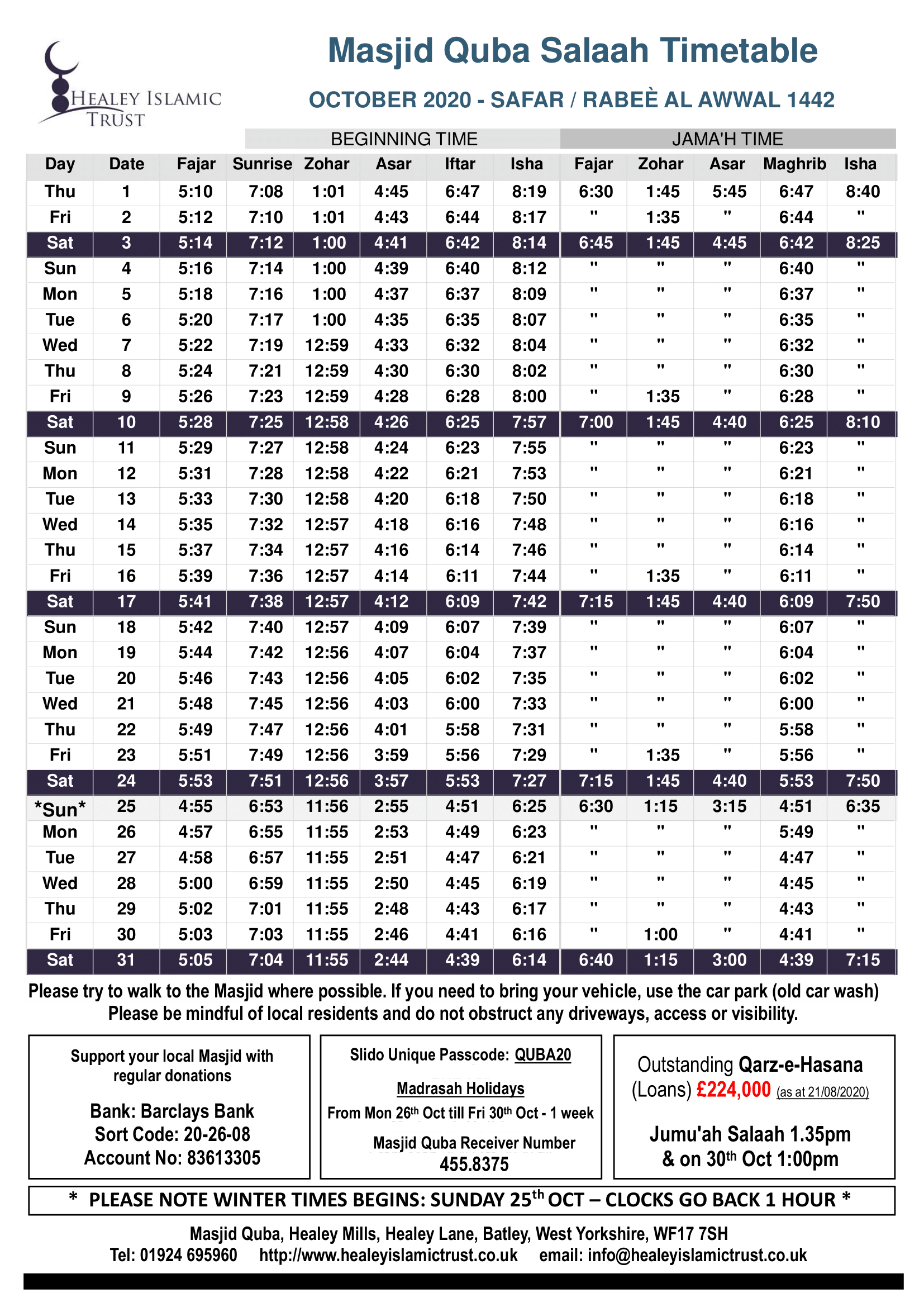 Prayer Times Birmingham Masjid Ali